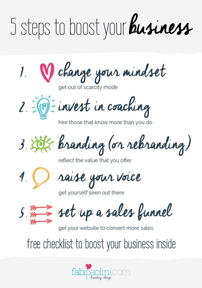 5 steps to boost your business income. Free checklist inside with ways to build your brand. Branding + design advice by Fabi Paolini