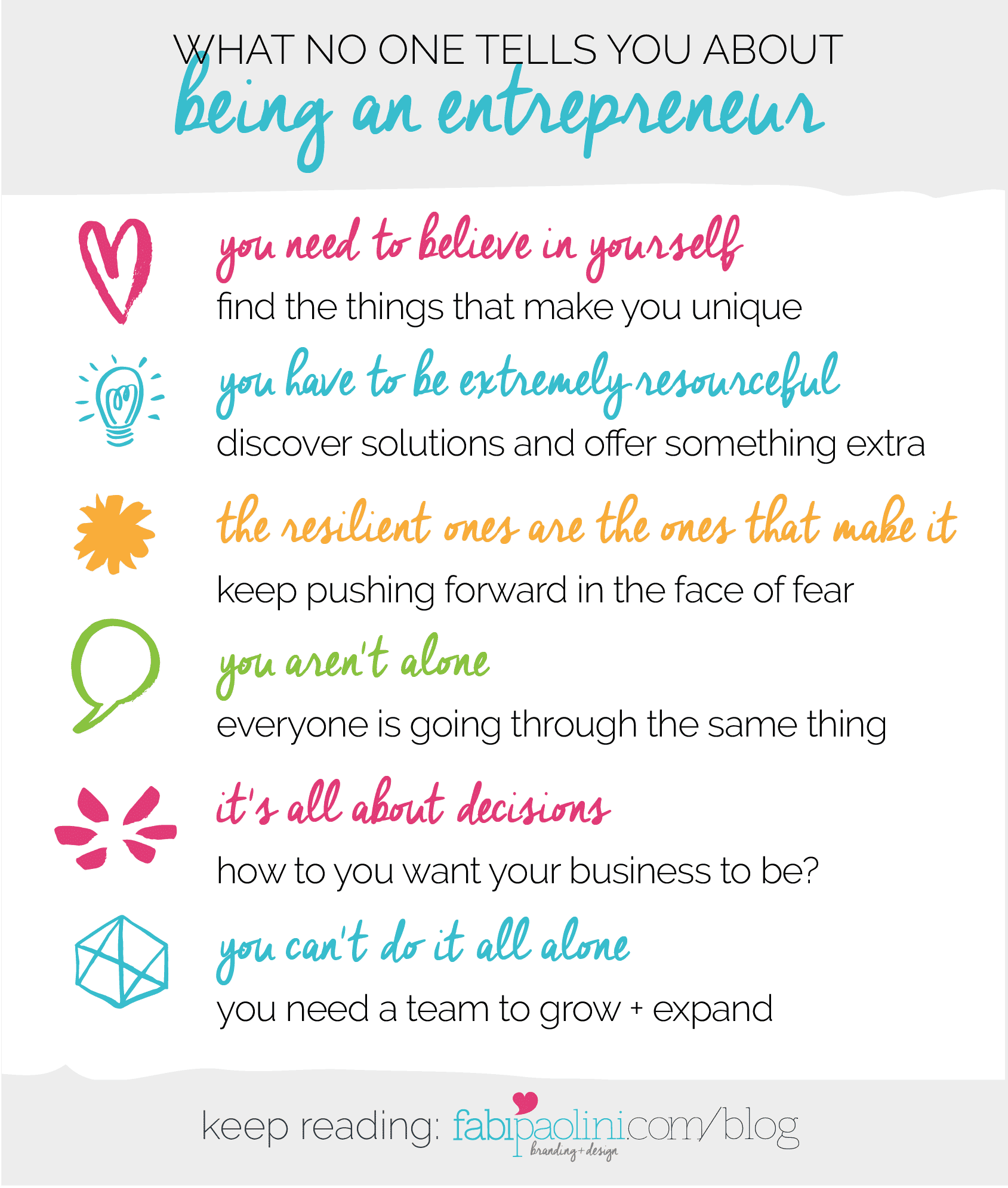 What no one tells you about being an entrepreneur. Business secrets and advice to help you succeed as an entrepreneur. Business success and truths. Fabi Paolini. Branding + Web Design + Strategy