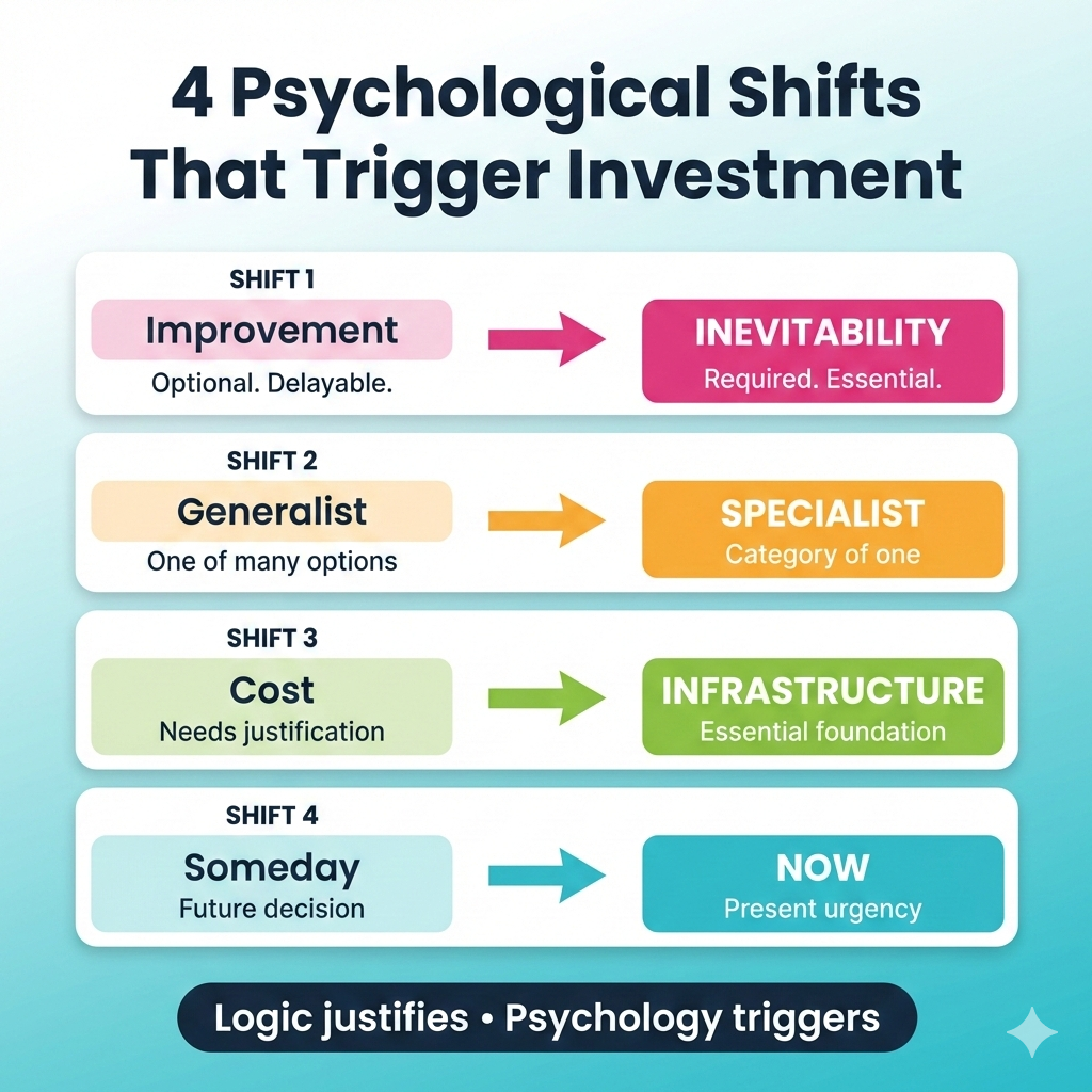 Infographic showing the four psychological shifts that trigger premium coaching investments: improvement to inevitability, generalist to specialist, cost to infrastructure, and someday to now