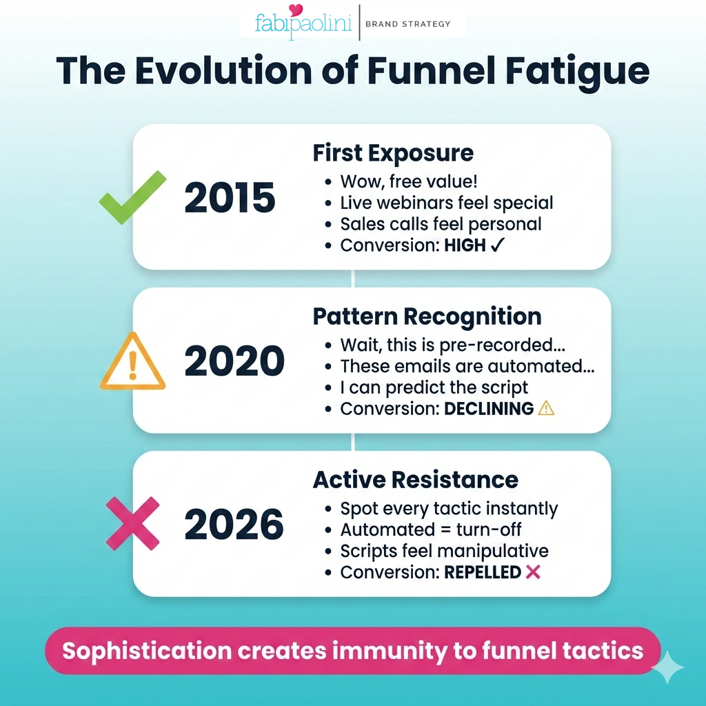 Timeline showing evolution of buyer sophistication from 2015 to 2026 illustrating how marketing funnel tactics went from effective to actively repelling premium clients