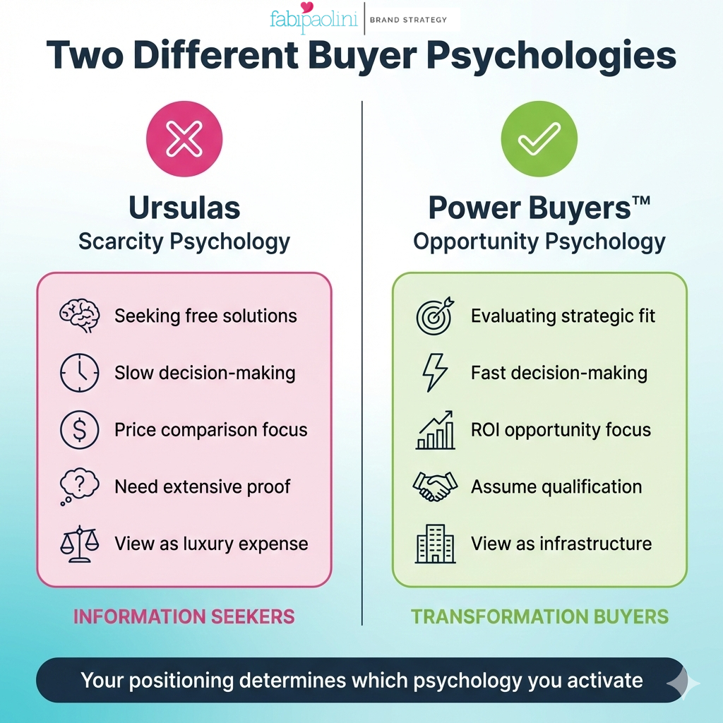 Psychology comparison showing how Power Buyers and Ursulas make completely different investment decisions based on different psychological triggers