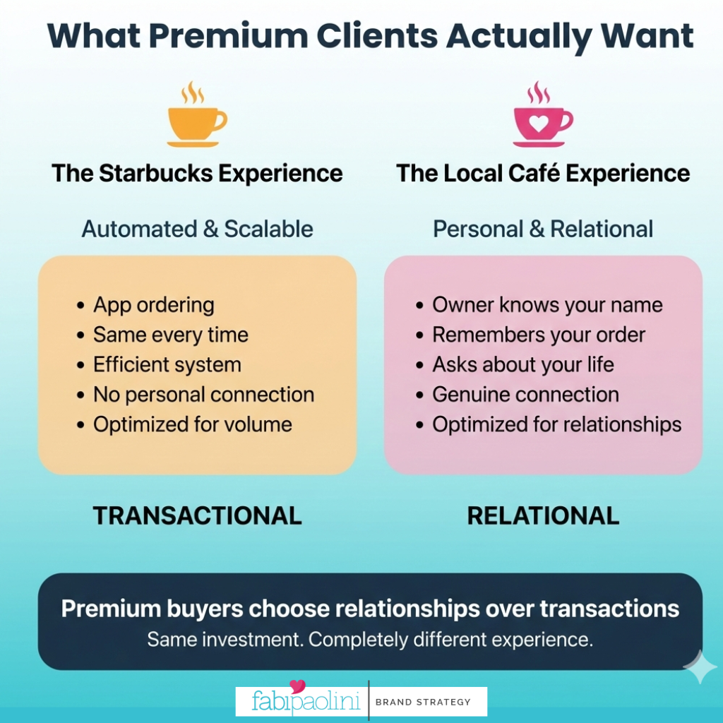Comparison graphic showing difference between Starbucks automated experience and local caf&eacute; personal relationship approach to illustrate what premium clients want