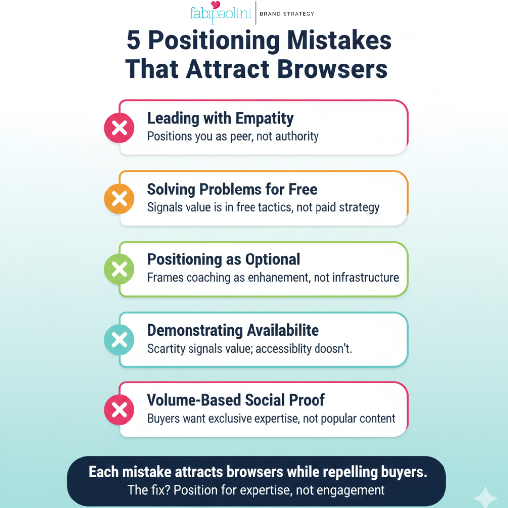 Educational graphic showing five common positioning mistakes coaches make that attract browsers who never buy instead of serious buyers ready to invest